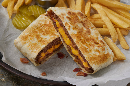 Double Bacon Cheese Burger Crunch Wrap Stock Photo - Download Image Now