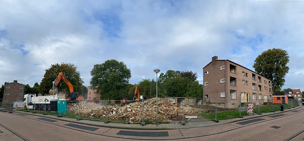 Brunssum, Netherlands - September 27, 2022.  Old apartment buildings are prepared to be demolished.