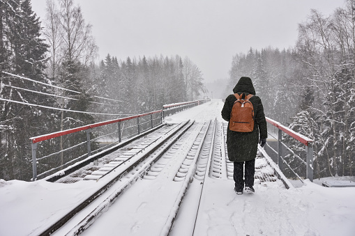 girl stands on the railroad in the snow