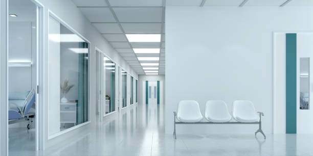 pasillo vacío en el hospital moderno con área de espera y cama de hospital en las habitaciones.3d renderizado - hall way fotografías e imágenes de stock