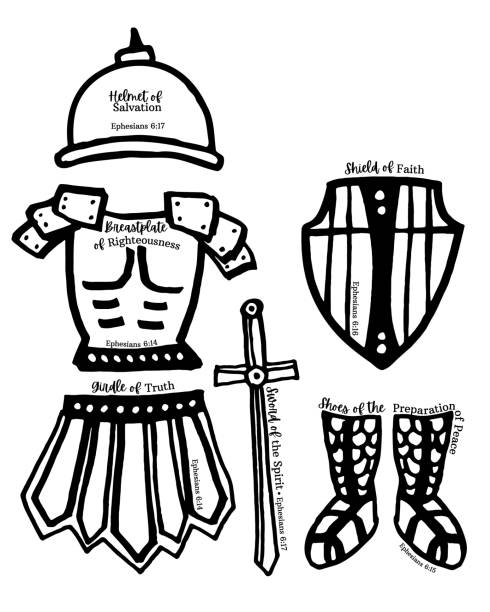 armor of god elements - schwarz-weiß-ikonenzeichnungen - righteous stock-grafiken, -clipart, -cartoons und -symbole