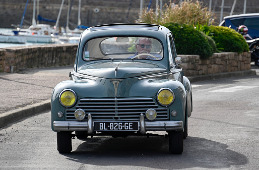 Erquy, France, September 22, 2022 - A French vintage classic car Peugeot 203