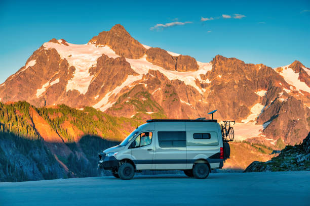 RV Van Washington state USA RV van with Mount Shuksan in the background in Washington state, USA. mt shuksan stock pictures, royalty-free photos & images