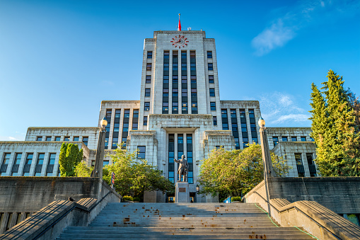 The City Hall building in Vancouver, BC, Canada on a sunny morning.