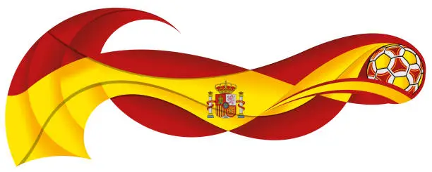 Vector illustration of Yellow and red soccer ball leaving a wavy trail with the colors of the Spanish flag on a white background