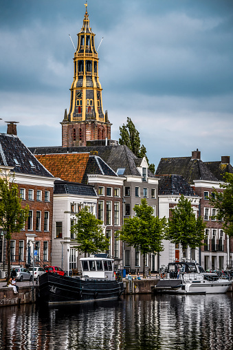 Cityscape with the Sint-Gertrudiskerk (pepperbox) church in Bergen op Zoom in the Netherlands.