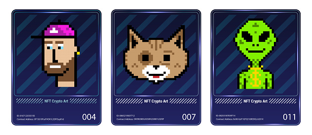 Pixel arts NFT in card collection. Banner Non-fungible token with cryptocurrency NFT cards. 3D hologram CryptoArts ticket with neon and squares blockchain, ERC20, ethereum. Non-fungible token. Vector