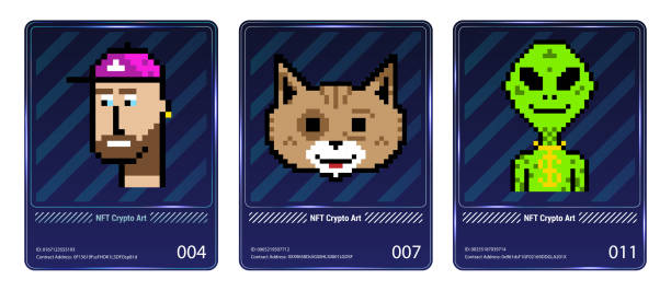 Pixel arts NFT in card collection. Banner Non-fungible token Pixel arts NFT in card collection. Banner Non-fungible token with cryptocurrency NFT cards. 3D hologram CryptoArts ticket with neon and squares blockchain, ERC20, ethereum. Non-fungible token. Vector non fungible token stock illustrations
