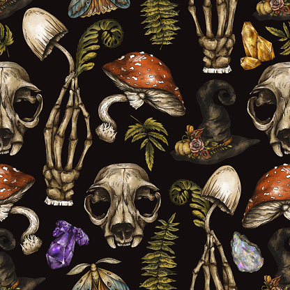 Vintage Halloween seamless pattern, magic amanita mushroom, skeleton hand wicca elements on black