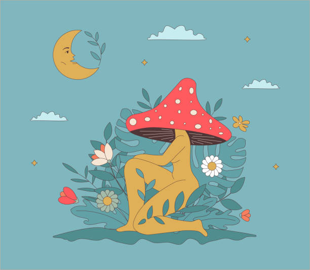 istock A naked woman with a mushroom cap on her head. Psychedelic outline Illustration. 1428121157