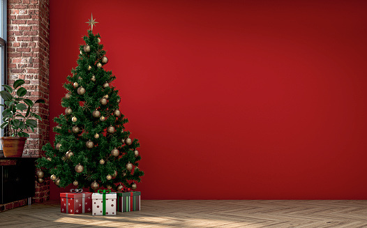 Empty unfurnished nostalgic retro living room with a few wrapped gifts under the Christmas decorated tree in front of an empty red plaster wall with copy space. A partly ruined brick wall with a radiator heater under the window on a side and decoration (potted plant ficus) on the hardwood floor. 3D rendered image.