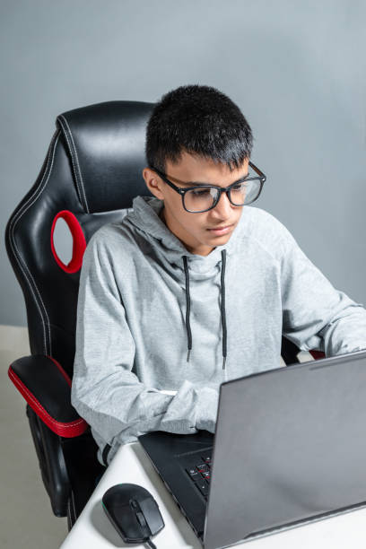 Teen teenager boy home schooling studying pc sitting watching homework stock photo