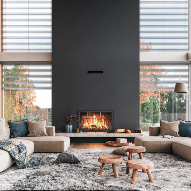 acogedor, lujoso y moderno salón con grandes ventanales, sofá, sillas, decoración y chimenea - black diamond fotografías e imágenes de stock