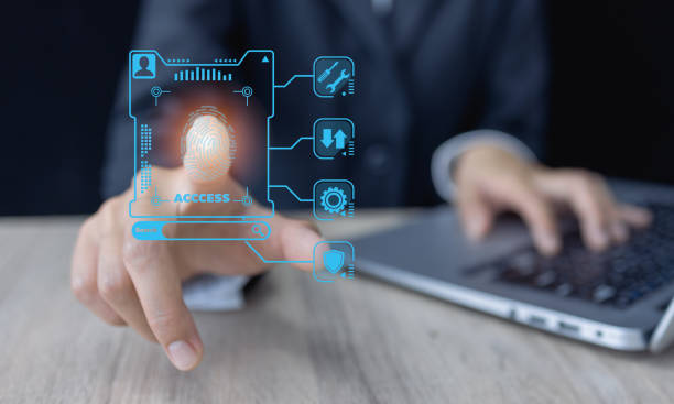istock Fingerprint scan provides security access with biometrics identification. Business Technology Safety Internet Concept. processing of biometric for access personal data. 1428131662