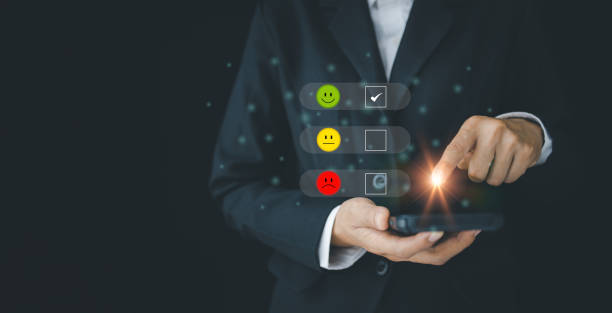 istock Customer service evaluation concept.  Businessman pressing happy icon, Customer service evaluation concept. 1428132173