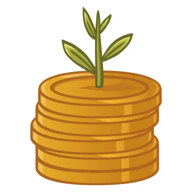 Vector illustration of Gold Coins Cash Money Piles Plant Grow Investment Vector Illustration Icon