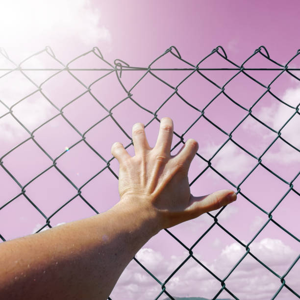 istock hand grabbing a metallic fence,  feeling free 1428140364