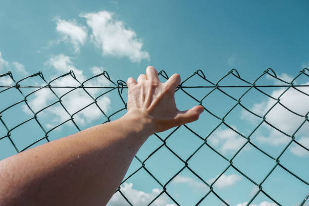 istock hand grabbing a metallic fence,  feeling free 1428140367