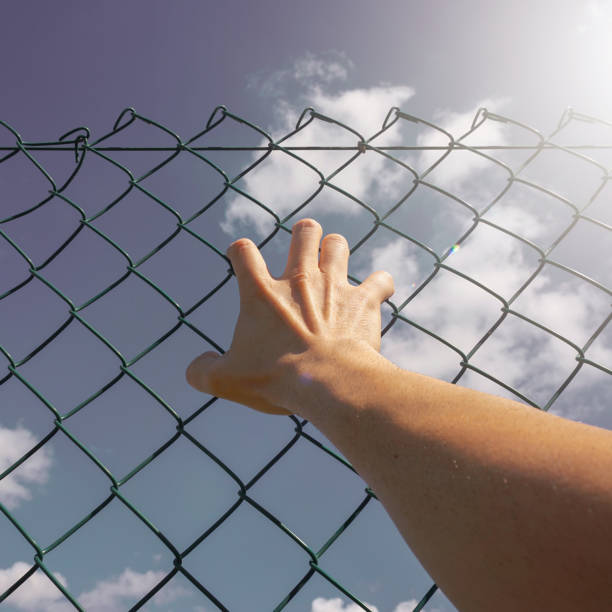 istock hand grabbing a metallic fence,  feeling free 1428140368