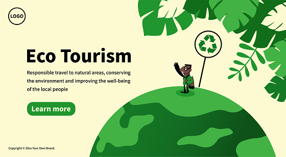 Characters Design Vector Art Illustration.
Slide or landing page layout.
Eco-Tourism. 
A tourist or hiker with a backpack standing on the planet earth.