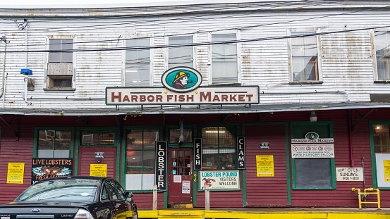 Portland, Maine, USA - September  20, 2022: Harbor Fish Market is a popular local fish market that has been open for over 40 years on the docks of Old Port in Portland, Maine.
