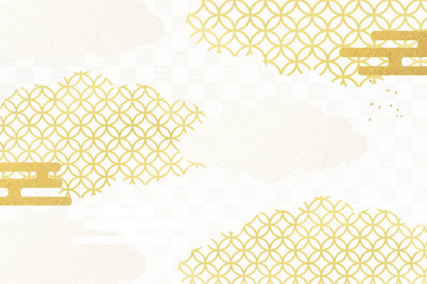 decorated with clouds and cloisonne pattern on checkered japanese paper background. elegant gold-colored template. - tanka imagens e fotografias de stock