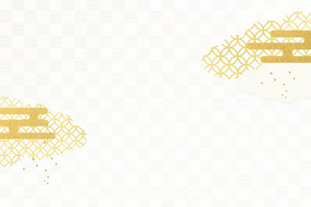 украшен облаками и перегородчатым узором на клетчатом японском бумажном фоне. элегантный шаблон золотистого цвета. - tanka стоковые фото и изображения