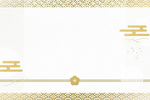 White textured background decorated with Japanese patterns. Template used for New Year's cards and celebrations.