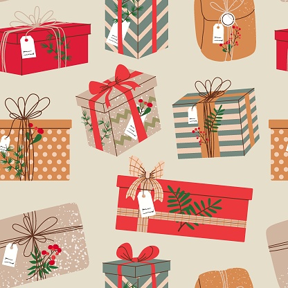 Christmas gifts in kraft paper with tag and berries. Pattern of present boxes in craft wrapping paper with bow and branches. Colored flat vector illustration isolated on beige background.