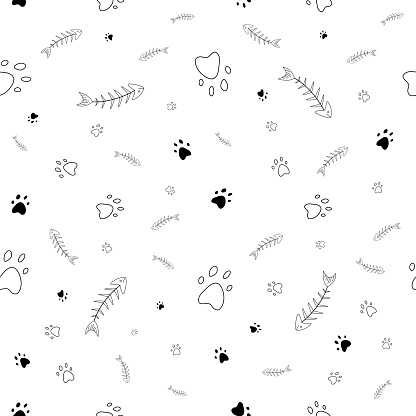 Fish Paw Pattern Seamles Vector Pattern With Colored Paw Prints And Fish Skeleton Cats ...