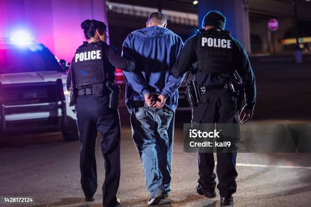 Handcuffed suspect being arrested by police at night