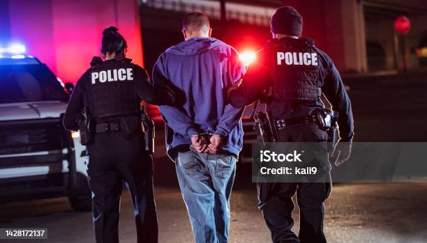 Handcuffed suspect being arrested by police at night