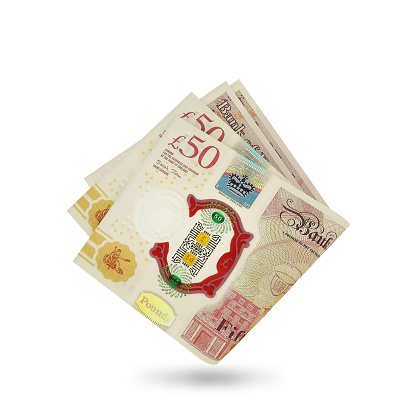 3d rendering of Folded British pound notes isolated on white background.