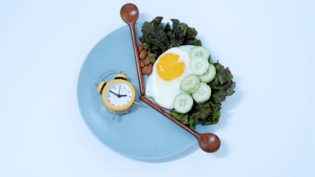 Female hand puts an alarm clock on plate of food on white background, concept of intermittent fasting.