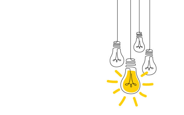 stockillustraties, clipart, cartoons en iconen met idea concept with one line bulbs. innovation idea. process of untangling wire to supply electricity to bulb. creative idea banner with lamps. sign of creativity. vector illustration editable stroke - motivatie