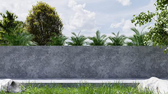 Empty exterior concrete wall in the midst of nature. 3d rendering