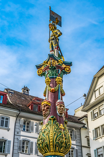 Soldier Statue Fritschi Fountain Kapellplatz Lucerne Switzerland Legendary soldier dates back to 15th century
