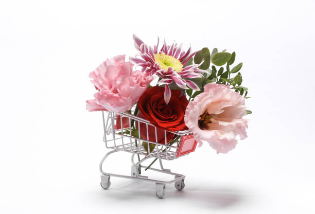 istock Shopping cart with many different flowers isolated on white background 1428201481
