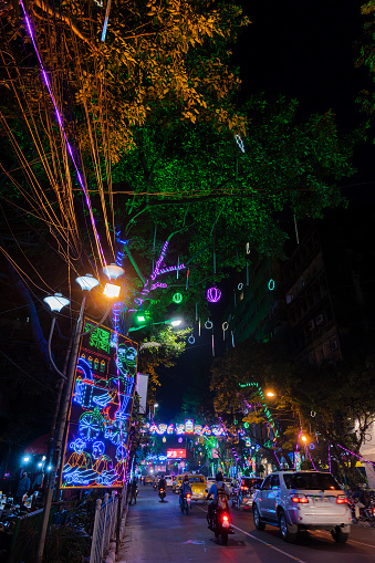Park Street,Kolkata, India - 12th November 2020 : Park street is decorated with diwali lights for the occassion of Diwali, deepabali or deepavali. It is the festival of light, good over darkness, evil.