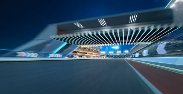 istock 3d rendering moving racetrack with arrow sign neon light 1428206987