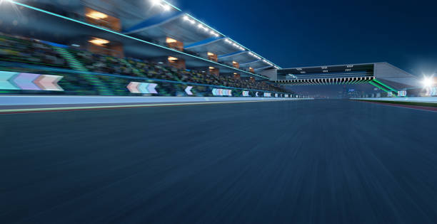 istock 3d rendering moving racetrack with arrow sign neon light 1428206994