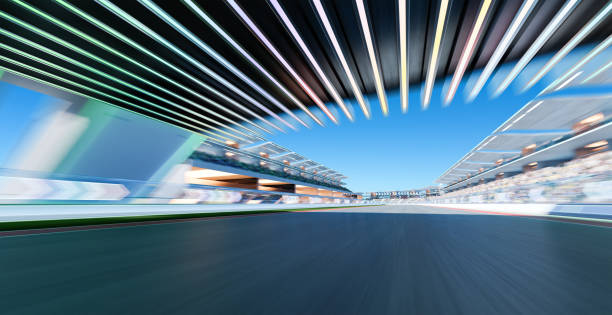 istock 3d rendering moving racetrack with arrow sign neon light 1428207023