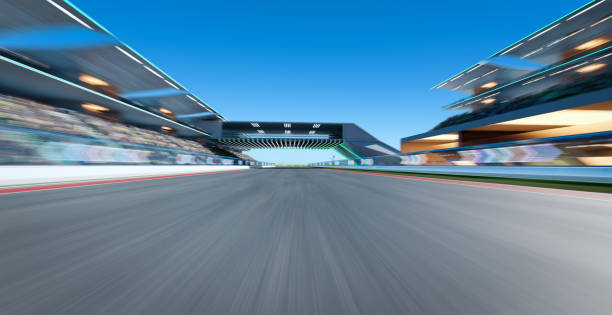 istock 3d rendering moving racetrack with arrow sign neon light 1428207025