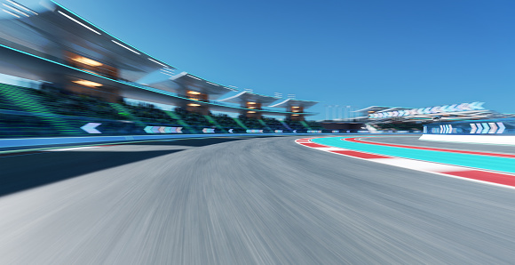 Race car racing on a track with motion blur. 3d model scene.