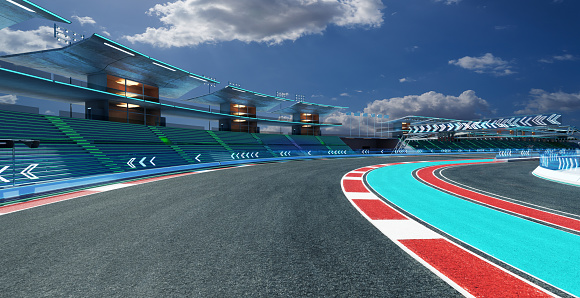 3d rendering does not exist futuristic Racetrack Circuit with arrow sign glass railing