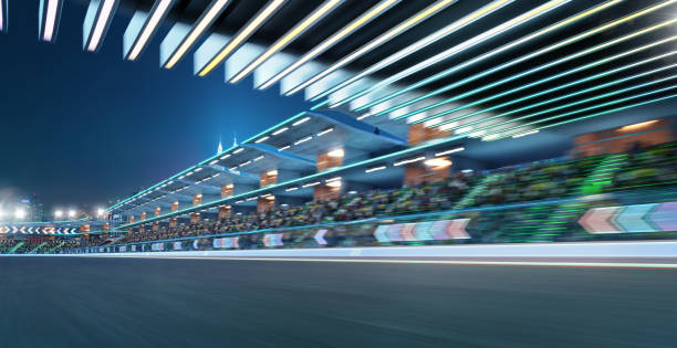 istock 3d rendering moving racetrack with arrow neon light decoration 1428207078