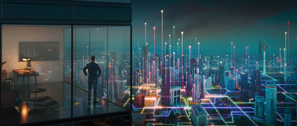 istock Businessman standing at office with night Smart city 1428207090