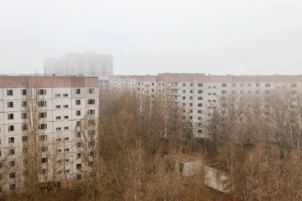 View of ghost town Pripyat at autumn in Chernobyl Exclusion Zone, Ukraine. View from above
