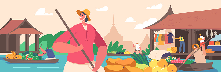 Floating Market in Thailand Concept. Saleswoman Character Wear Straw Hat on Boat with Paddle Sell and Buy Goods Float by River. Traditional Trading in Asian Country. Cartoon People Vector Illustration