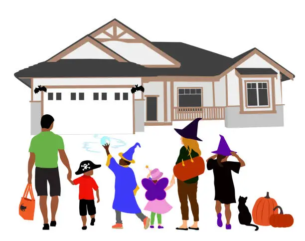 Vector illustration of Trick or treat Halloween group of parents and children